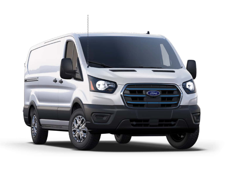 White Ford E-Transit electric cargo van shown on a clean studio background.